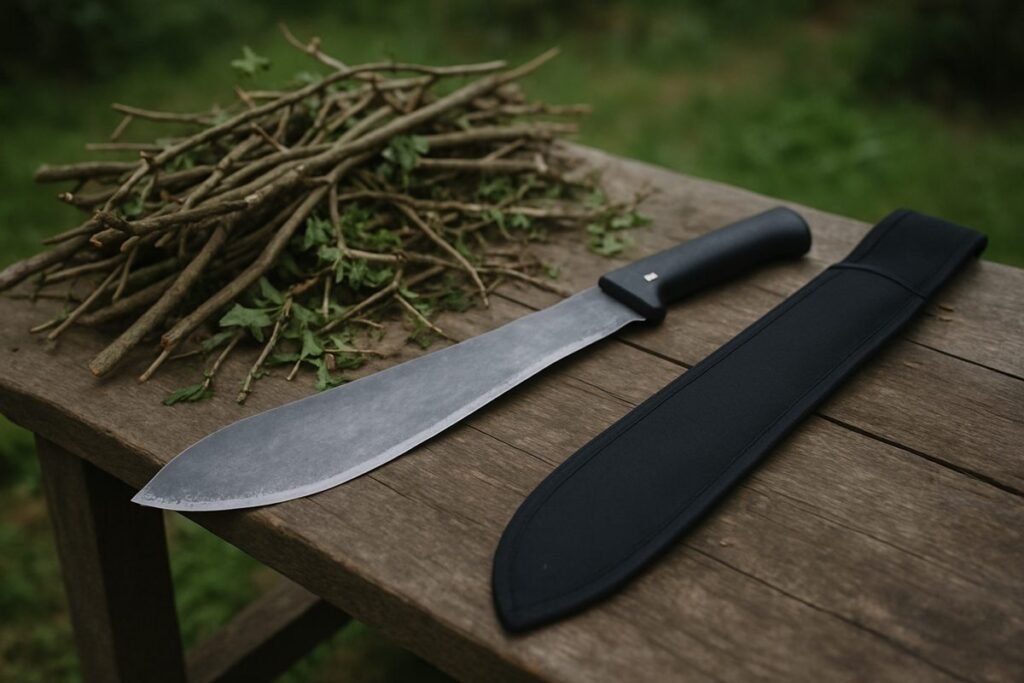 Machete mit Scheide auf einer Werkbank