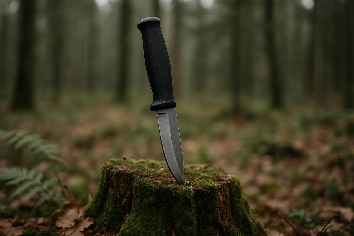 Survival Messer in einem Baumstumpf im Wald